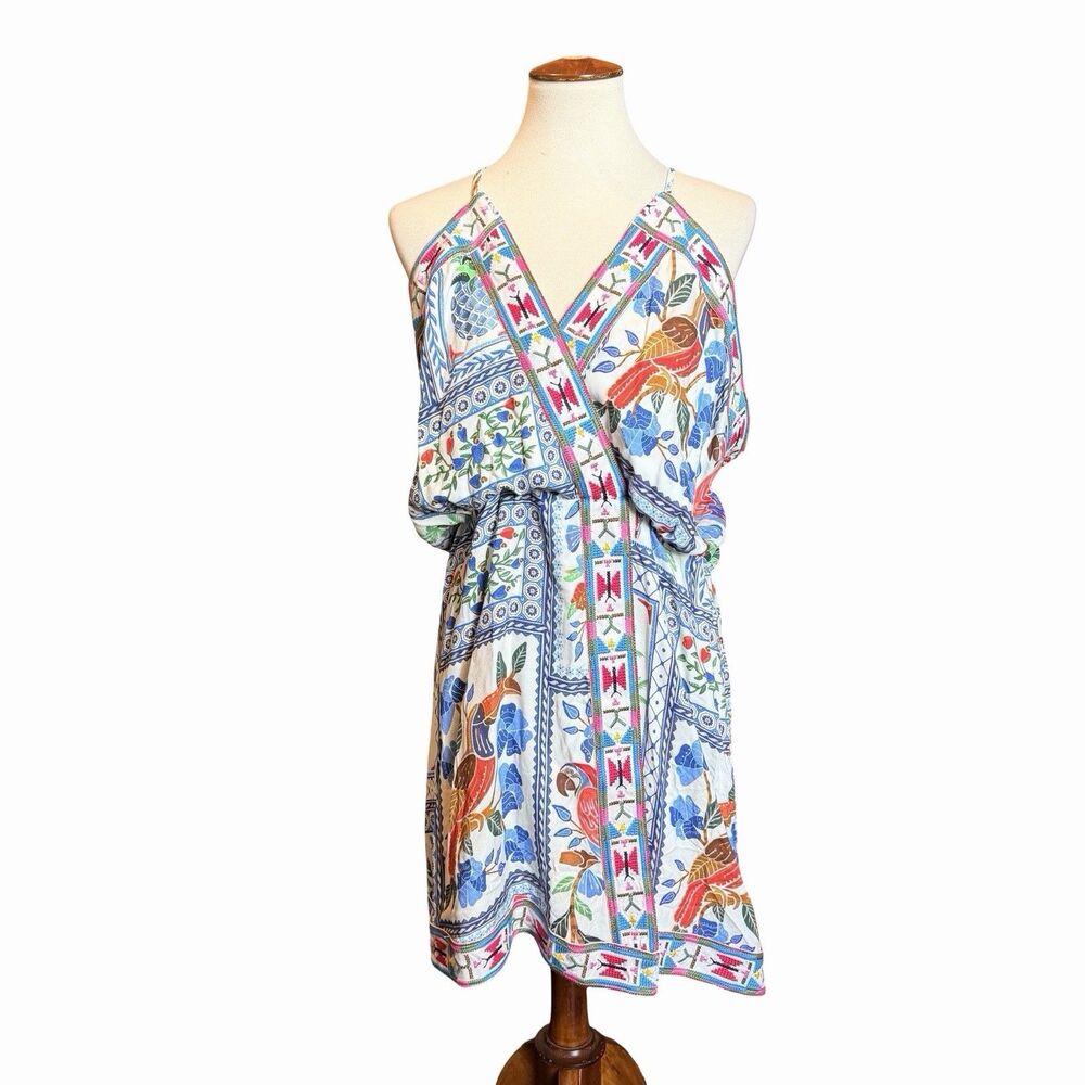 Farm Rio Tropical Tiles Embroidered Mini Dress Size XL Sundress Parrot Resort